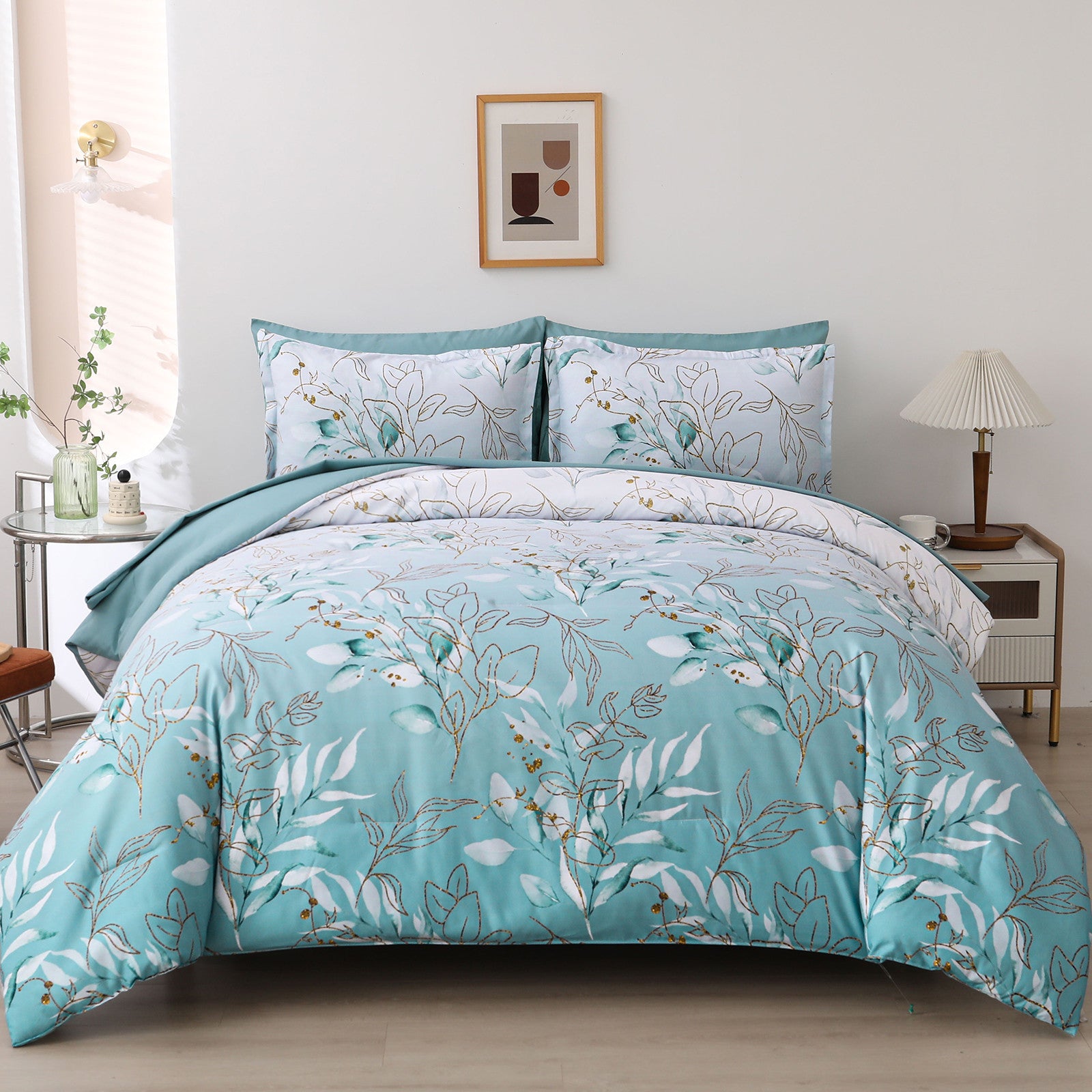 Soft Floral Leaf Comforter Set, King Size, Quilted Cozy Bedding with Pillowcases V745-MAB010938AJ3