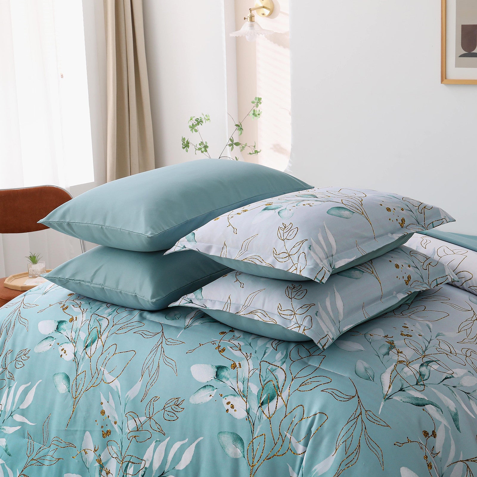 Soft Floral Leaf Comforter Set, King Size, Quilted Cozy Bedding with Pillowcases V745-MAB010938AJ3