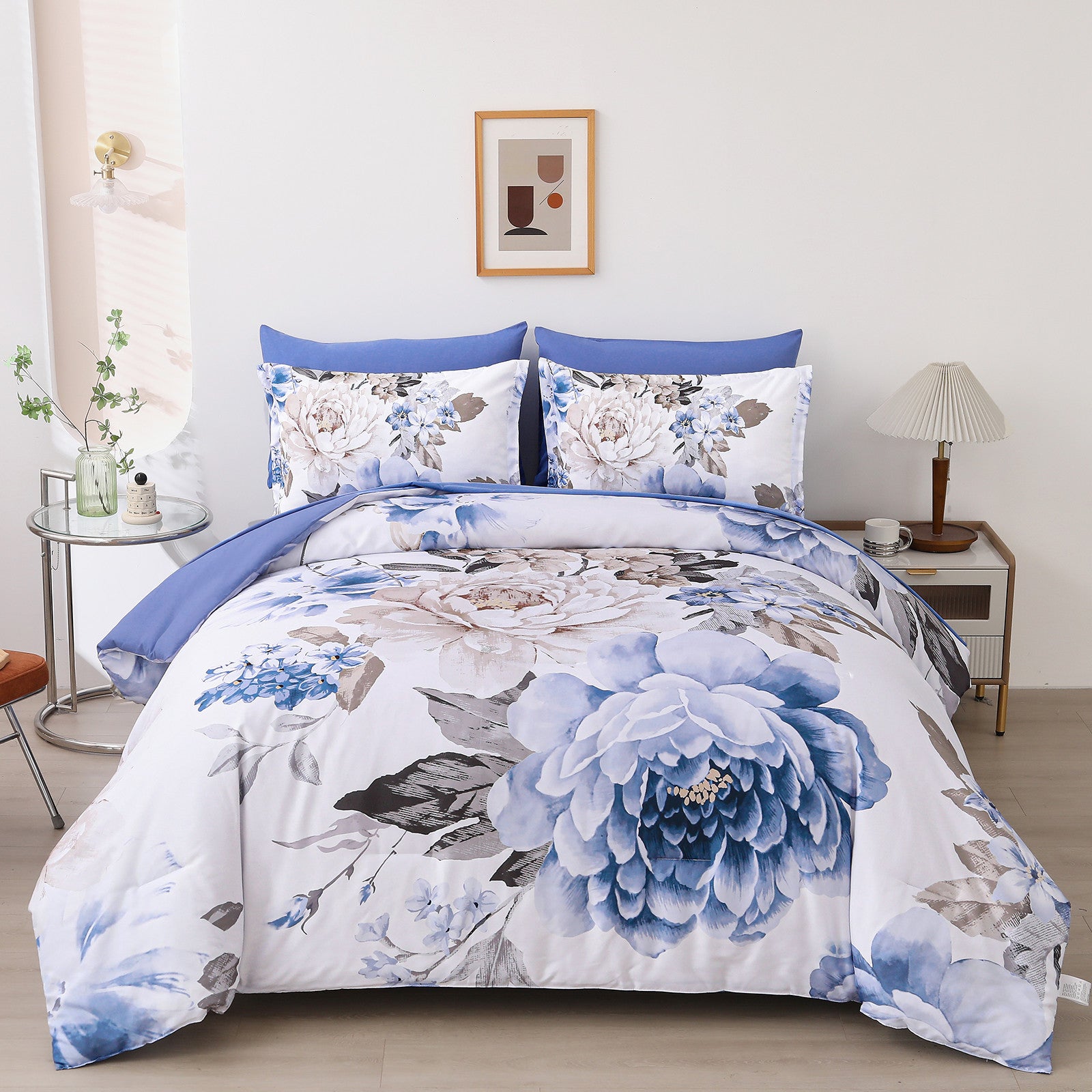 Plush Floral Comforter Set, King Size, Winter Quilted Bedding with Pillowcases V745-MAB010946AJ3