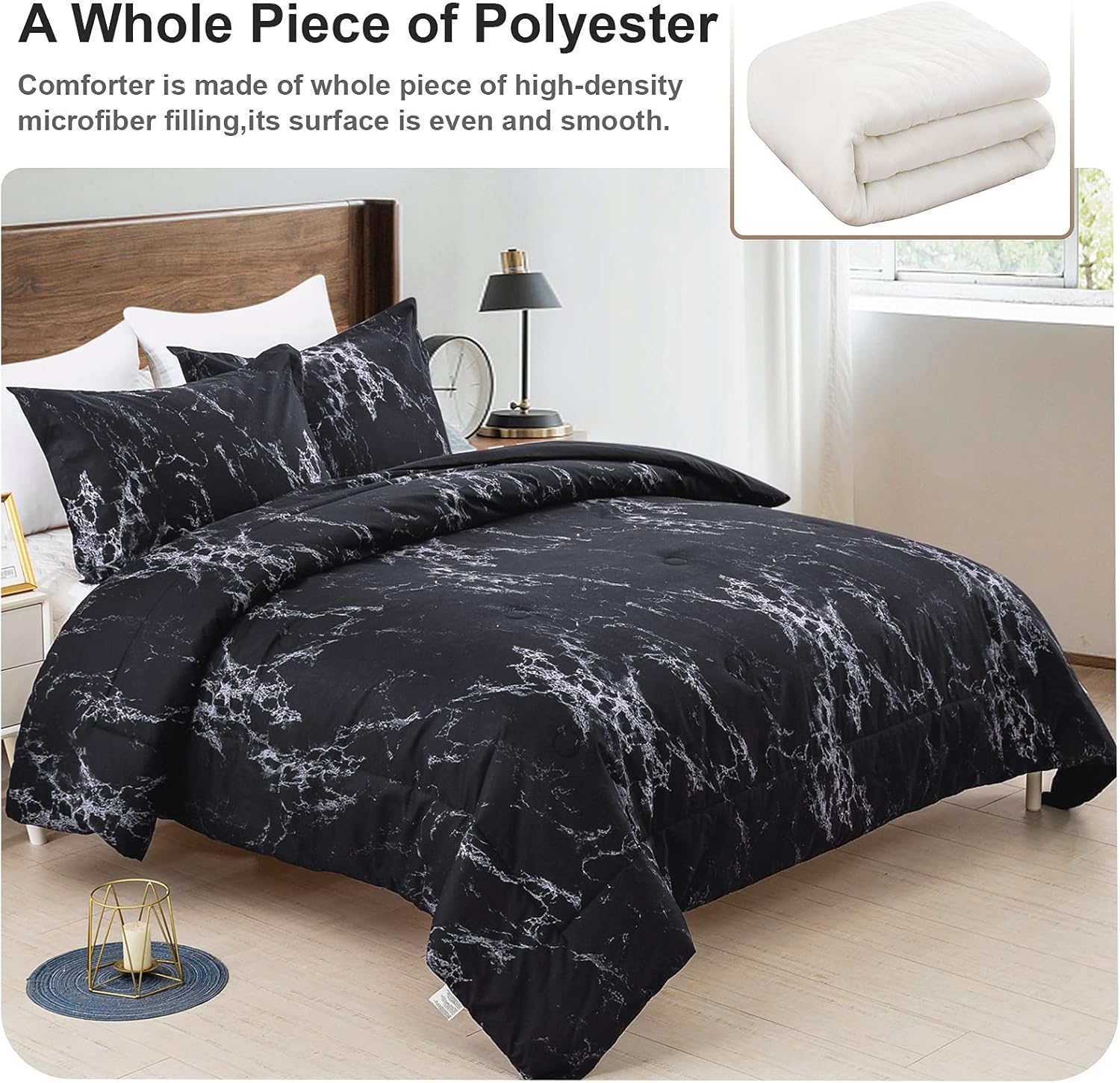 King Black Marble Comforter Set, Printed Bedding for All Seasons, Soft Microfiber 3-Piece V745-MAB01173AJ3