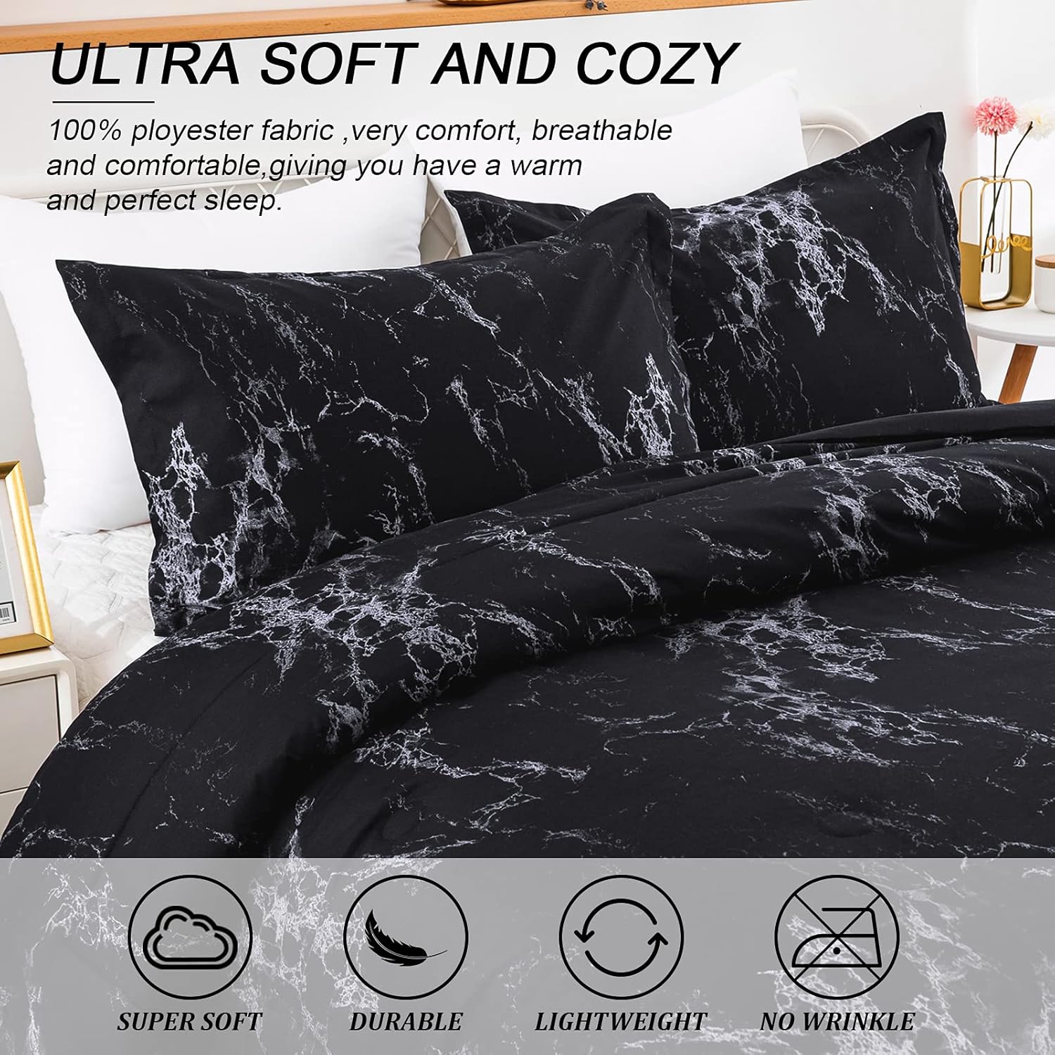 King Black Marble Comforter Set, Printed Bedding for All Seasons, Soft Microfiber 3-Piece V745-MAB01173AJ3