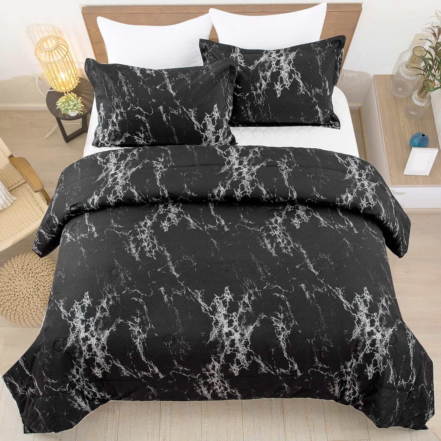 King Black Marble Comforter Set, Printed Bedding for All Seasons, Soft Microfiber 3-Piece V745-MAB01173AJ3