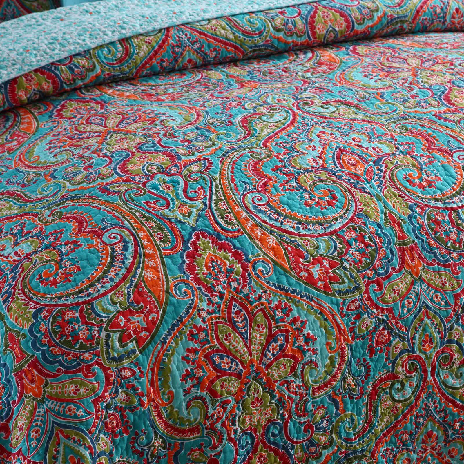 Blue Teal Boho Print Bedspread Quilt Set + Pillowcases V745-MAC060758K13UU