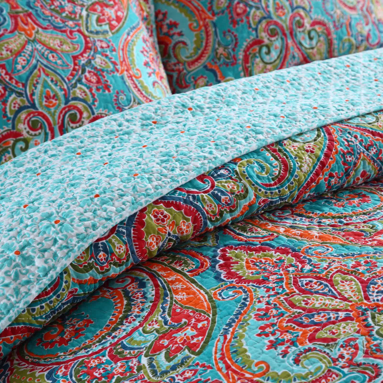 Blue Teal Boho Print Bedspread Quilt Set + Pillowcases V745-MAC060758K13UU