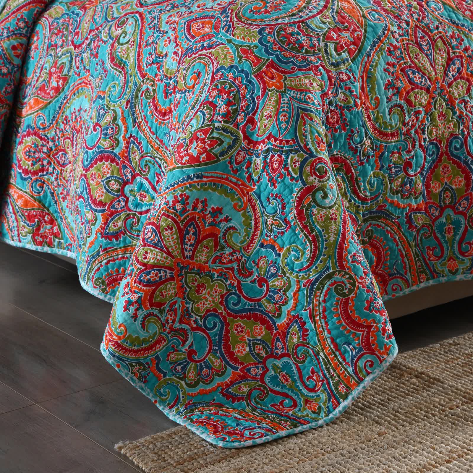 Blue Teal Boho Print Bedspread Quilt Set + Pillowcases V745-MAC060758K13UU