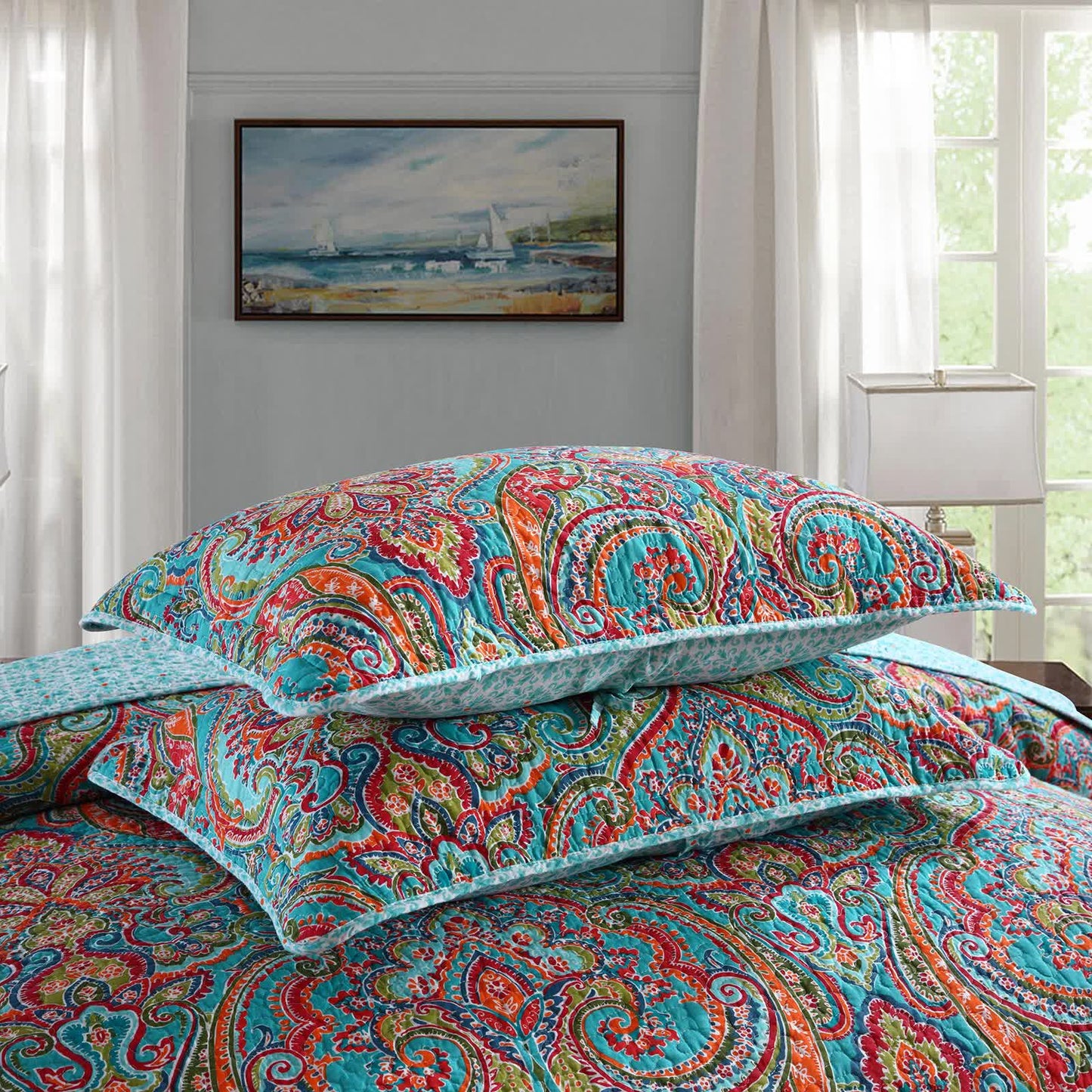 Blue Teal Boho Print Bedspread Quilt Set + Pillowcases V745-MAC060758K13UU