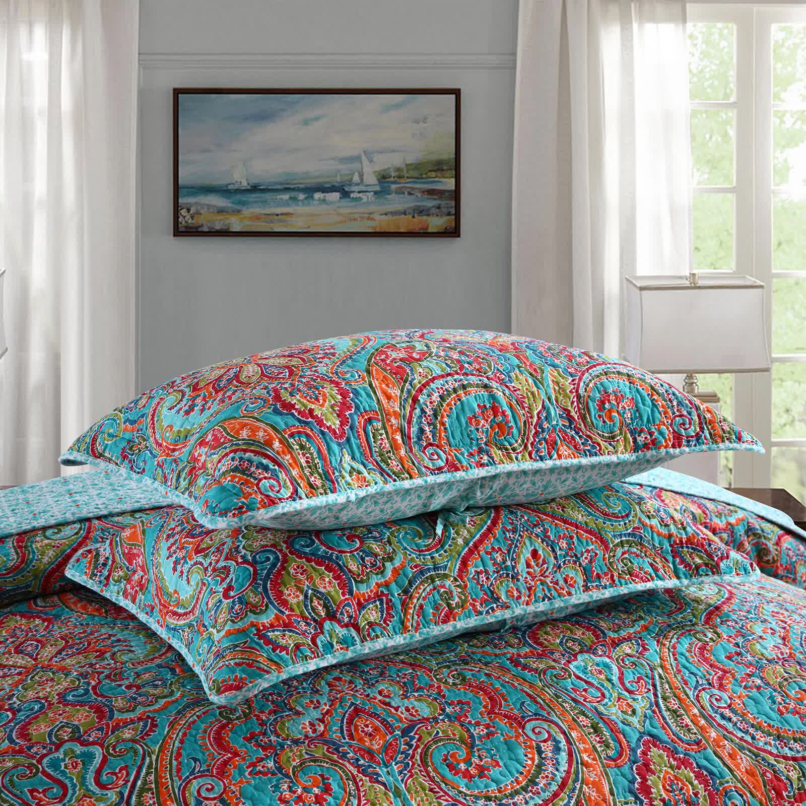 Blue Teal Boho Print Bedspread Quilt Set + Pillowcases V745-MAC060758Q13UU
