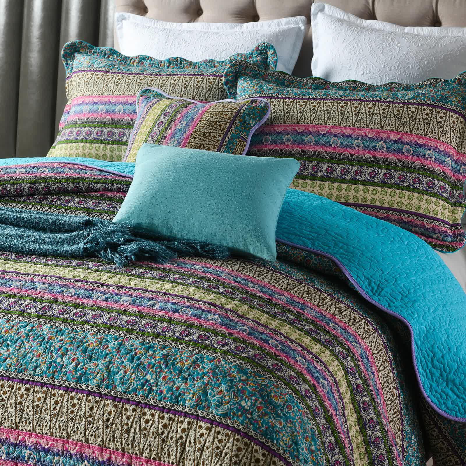 Grenn Teal Boho style Printed Bedspread Quilt Set + Pillowcases V745-MAC06193Q13U