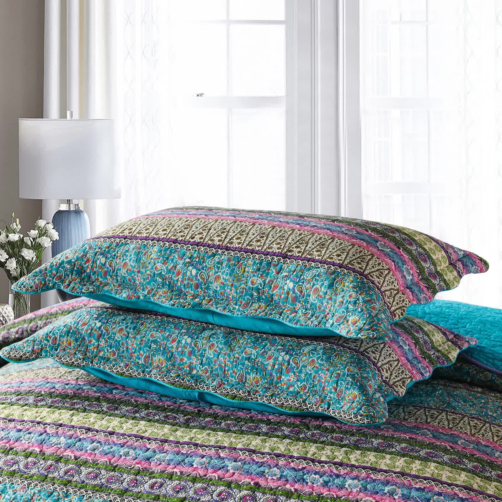 Grenn Teal Boho style Printed Bedspread Quilt Set + Pillowcases V745-MAC06193Q13U