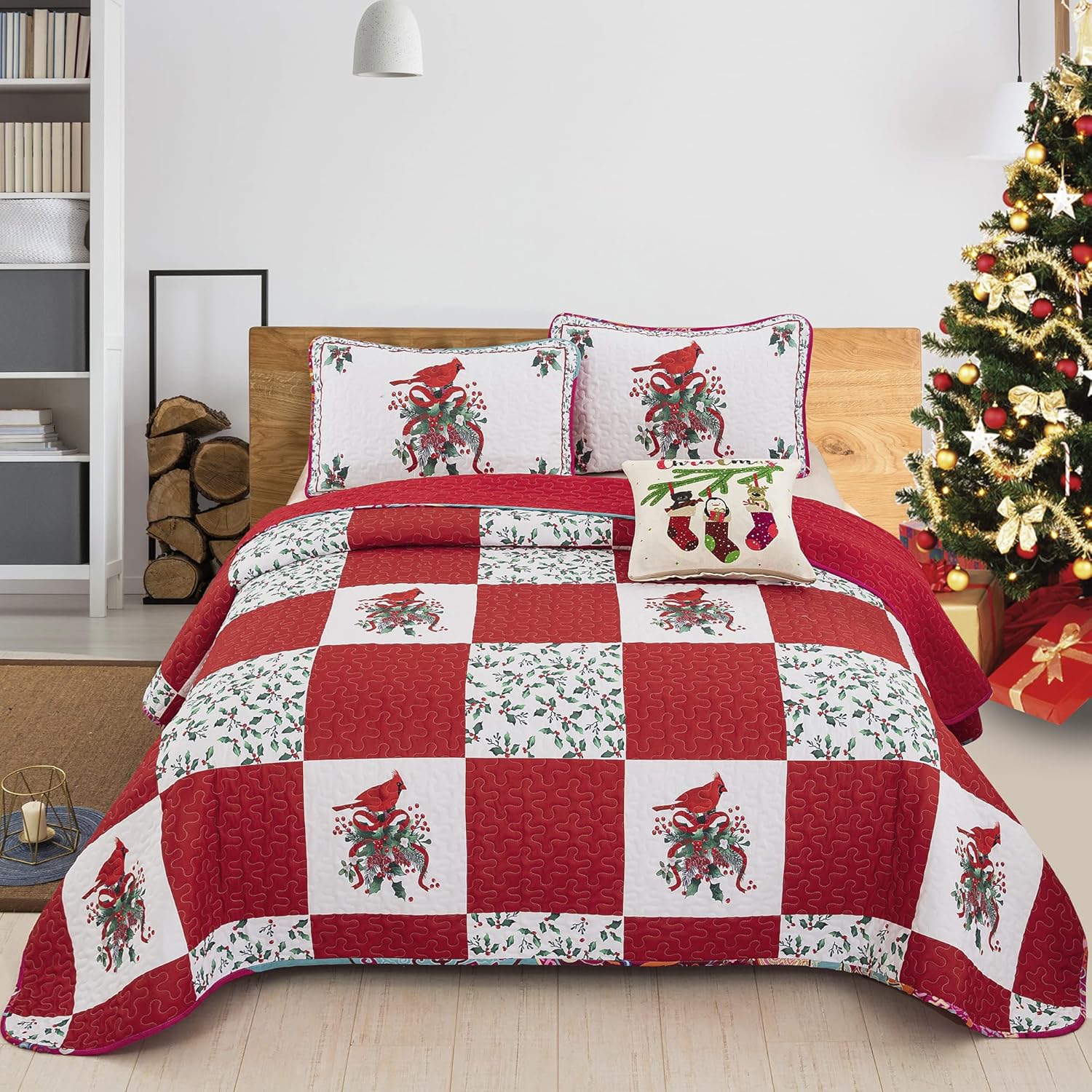 Elegant Red, greem & White Christmas Queen Bedspread Set V745-MAC080143Q13U