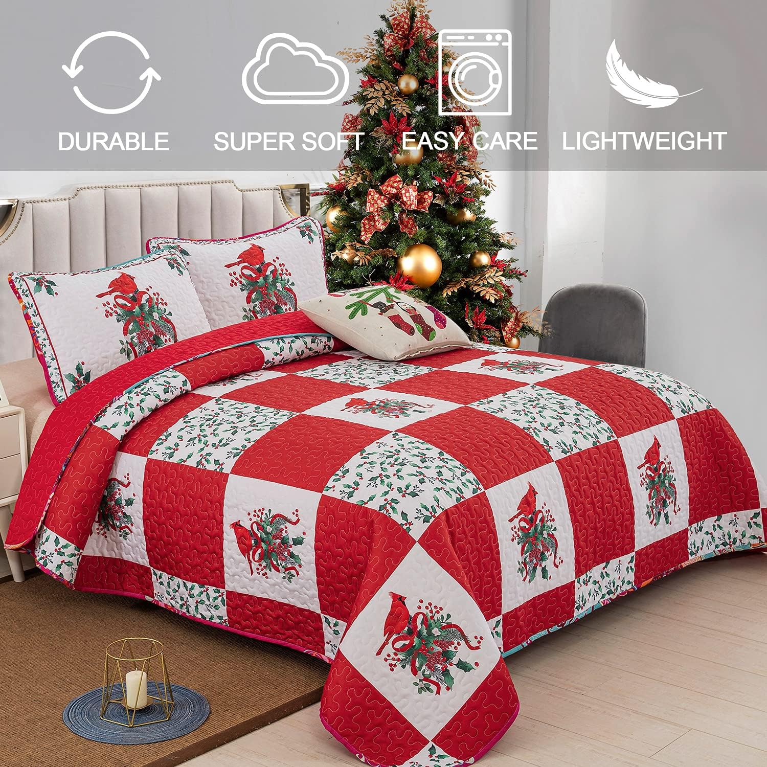 Elegant Red, greem & White Christmas Queen Bedspread Set V745-MAC080143Q13U