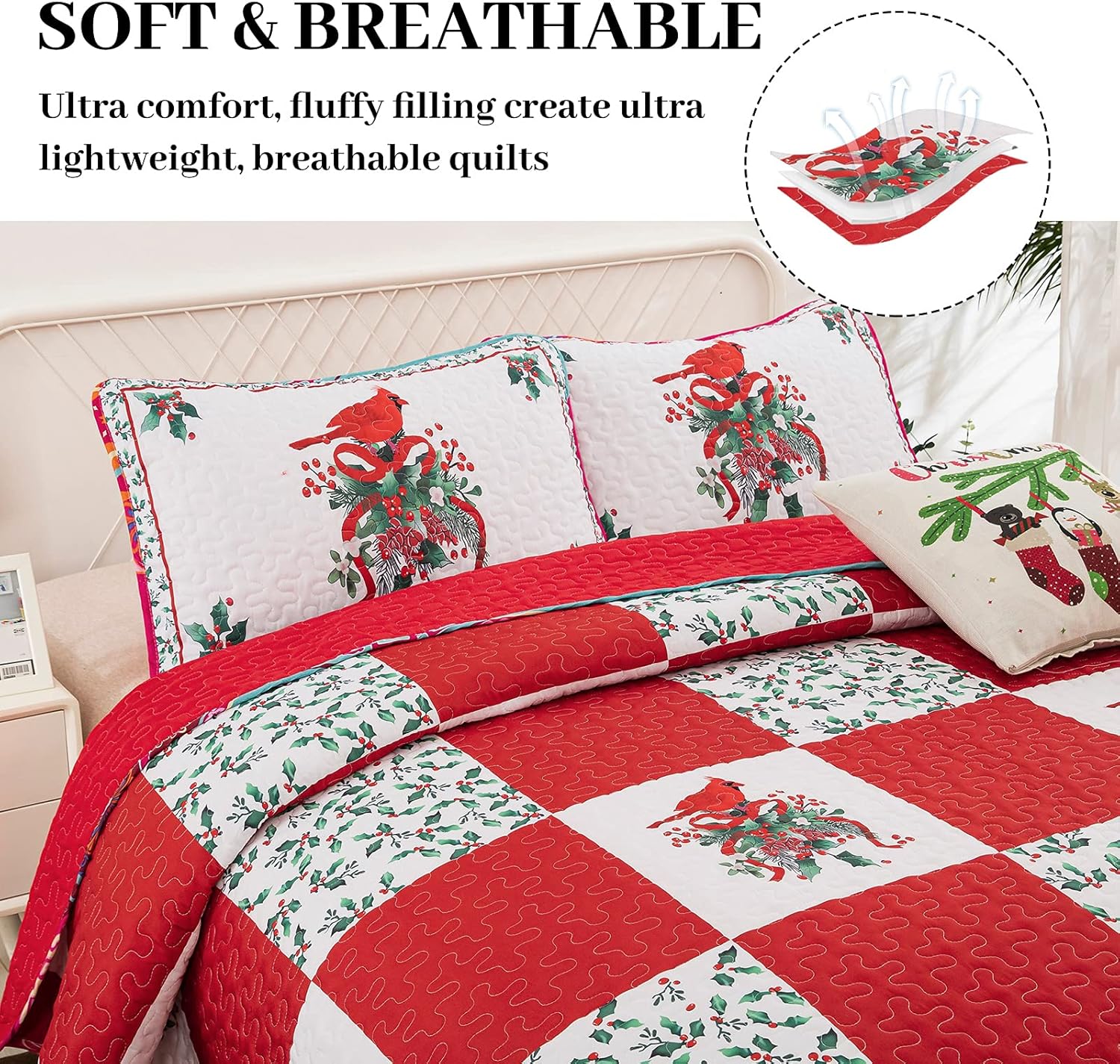 Elegant Red, greem & White Christmas Queen Bedspread Set V745-MAC080143Q13U