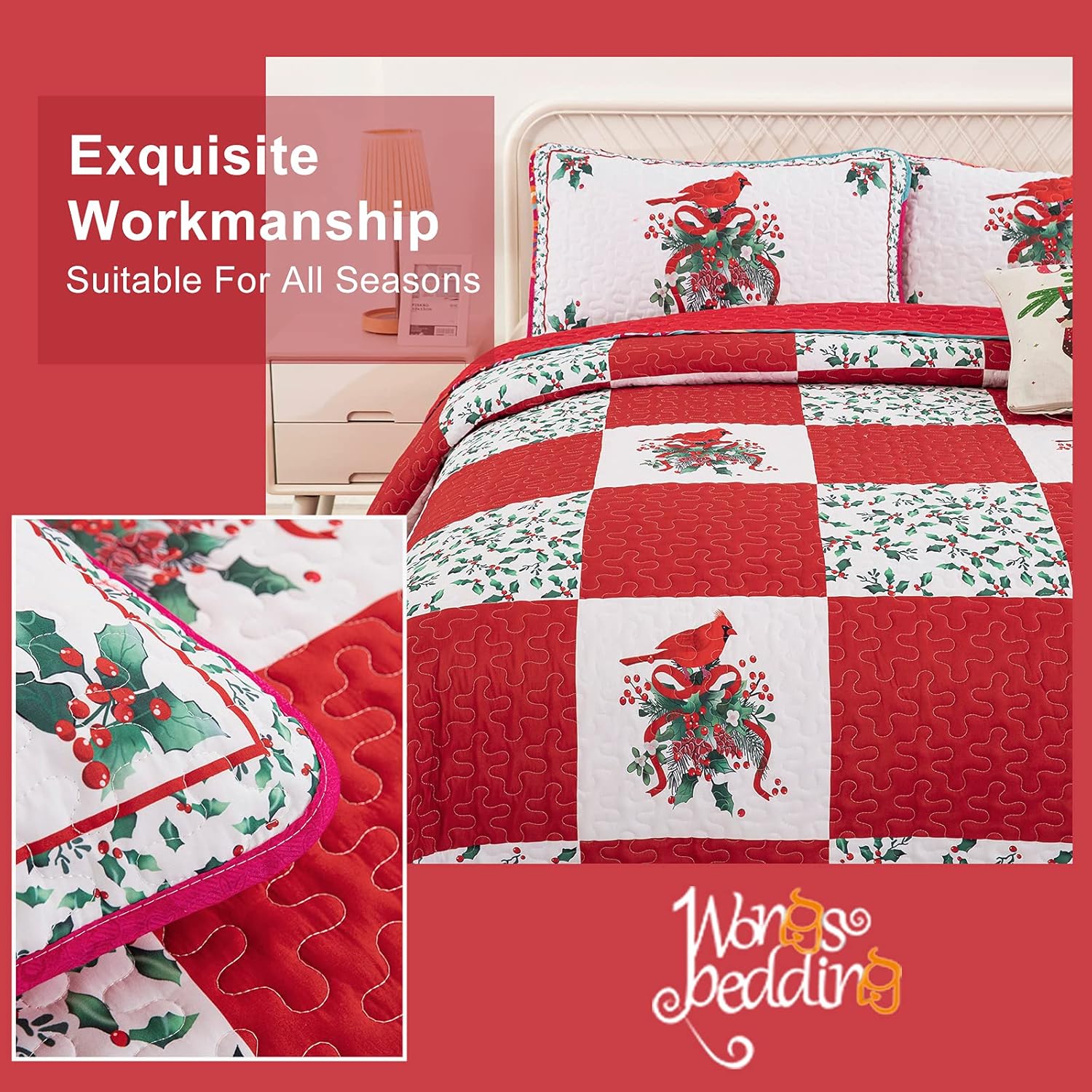 Elegant Red, greem & White Christmas Queen Bedspread Set V745-MAC080143Q13U