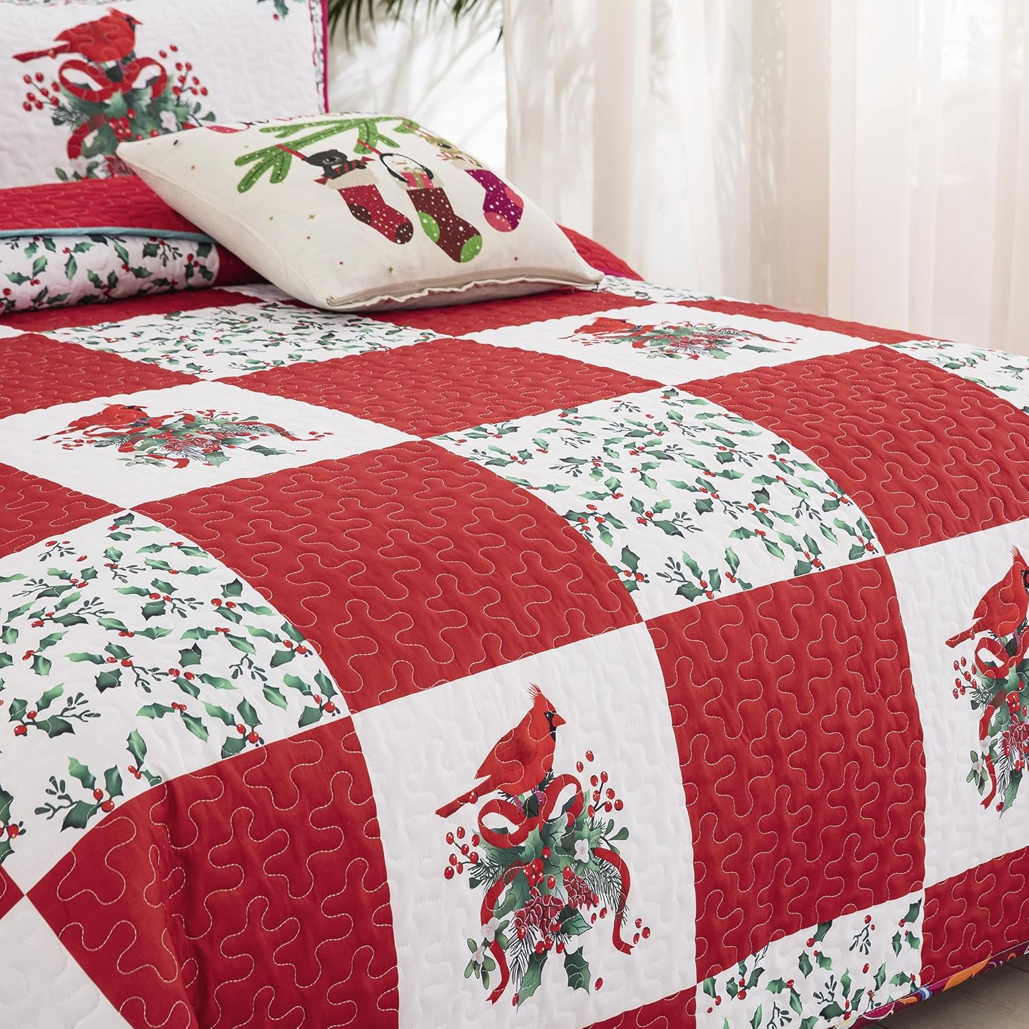 Elegant Red, greem & White Christmas Queen Bedspread Set V745-MAC080143Q13U