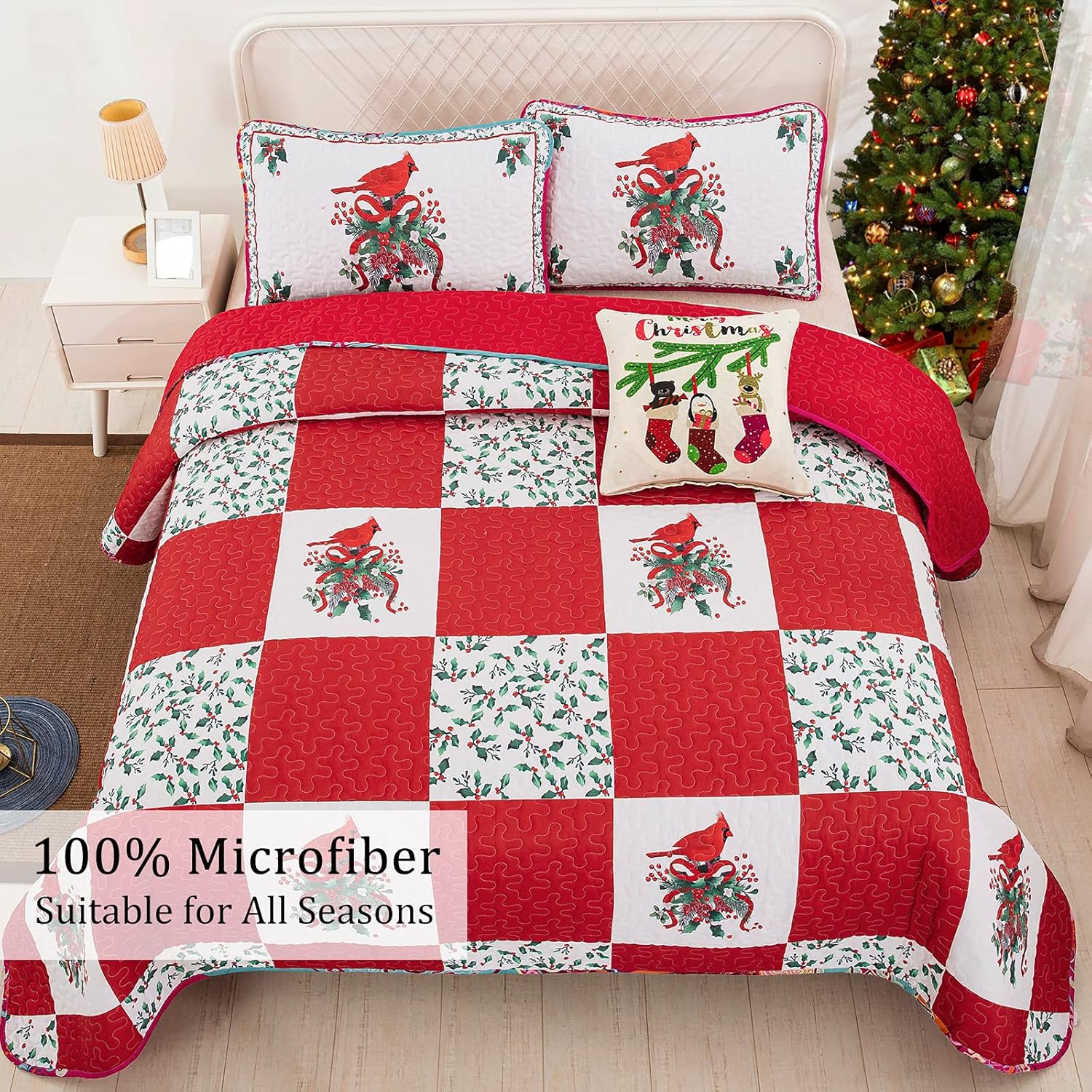 Elegant Red, greem & White Christmas Queen Bedspread Set V745-MAC080143Q13U