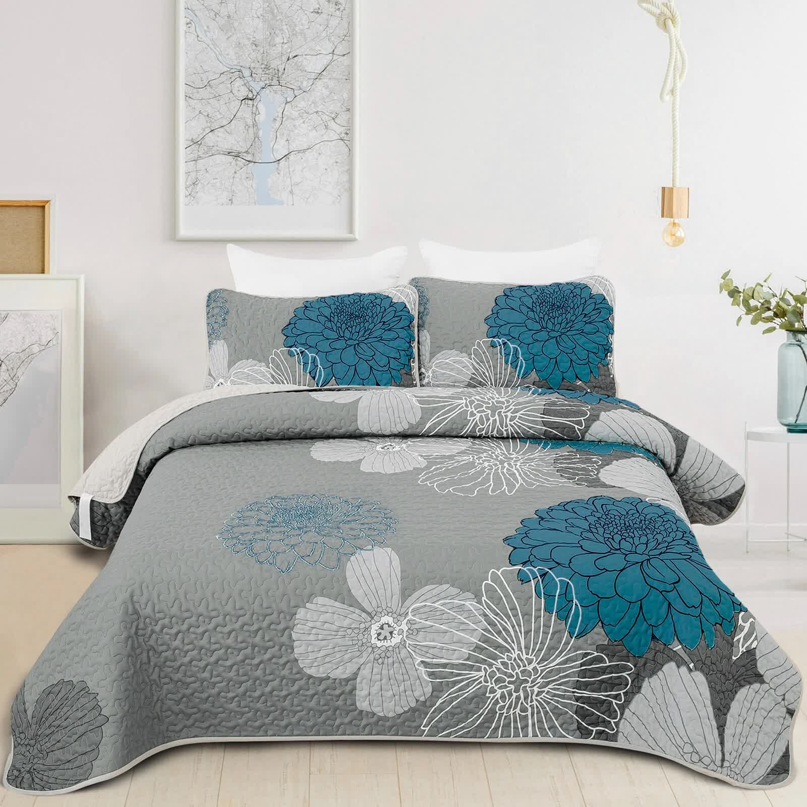 Grey Azure Bloom Quilted Coverlet Bedspread Set with Pillow Covers V745-MAC080201Q13U