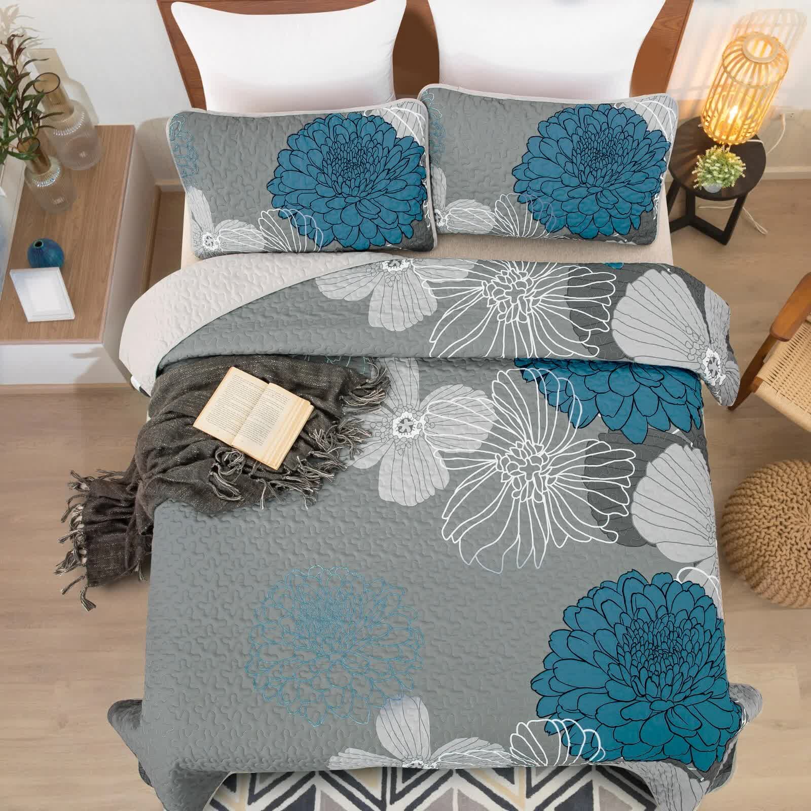 Grey Azure Bloom Quilted Coverlet Bedspread Set with Pillow Covers V745-MAC080201Q13U