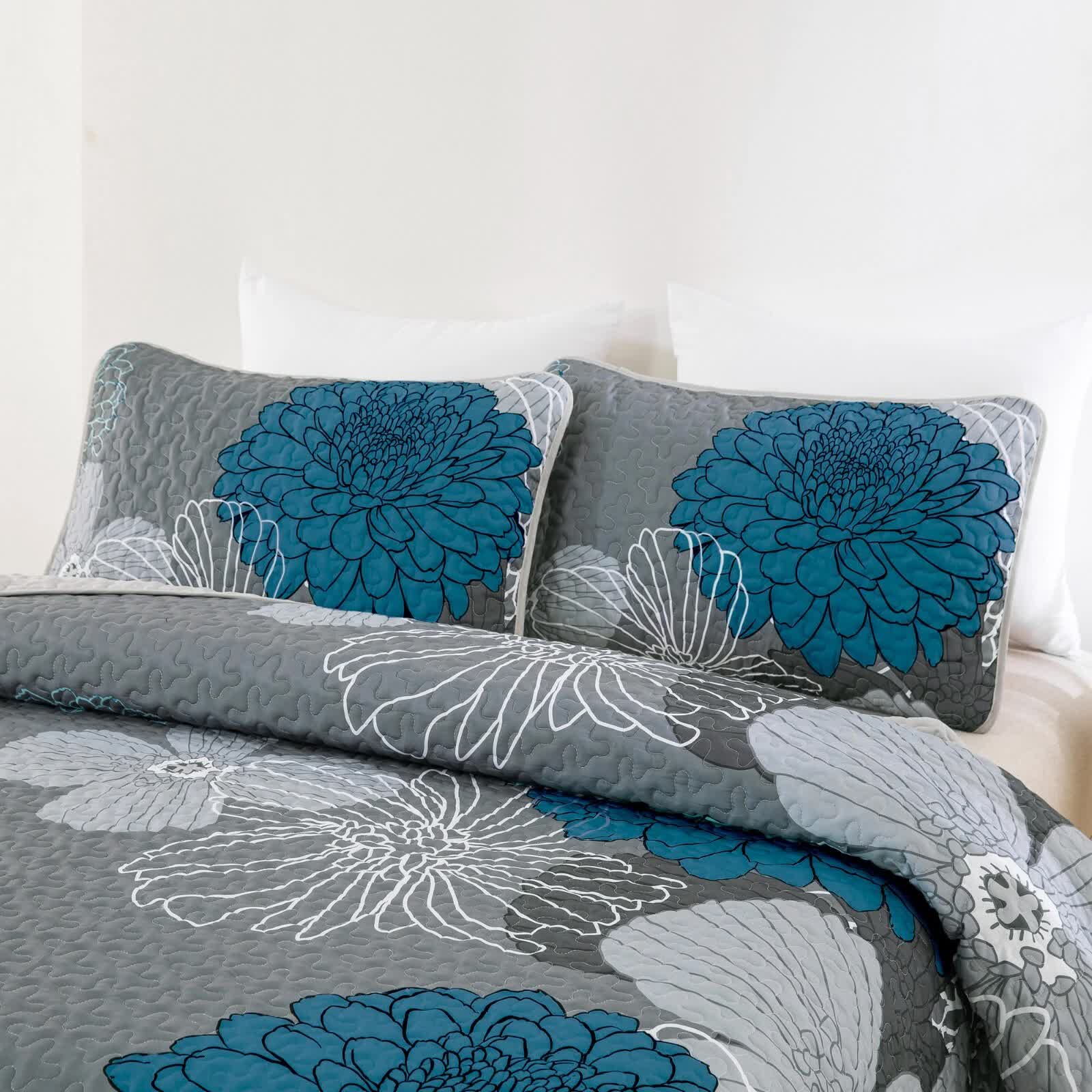 Grey Azure Bloom Quilted Coverlet Bedspread Set with Pillow Covers V745-MAC080201Q13U