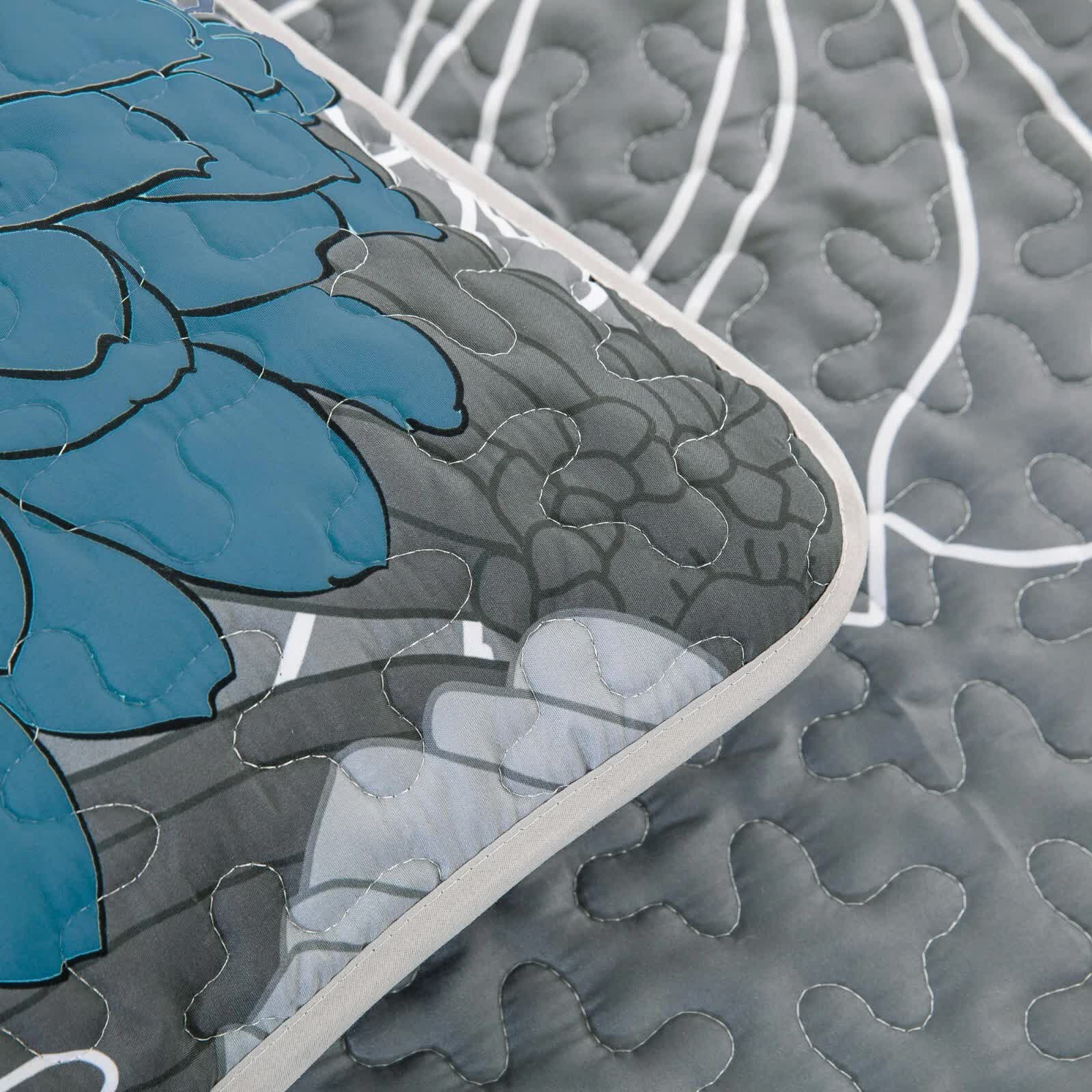 Grey Azure Bloom Quilted Coverlet Bedspread Set with Pillow Covers V745-MAC080201Q13U