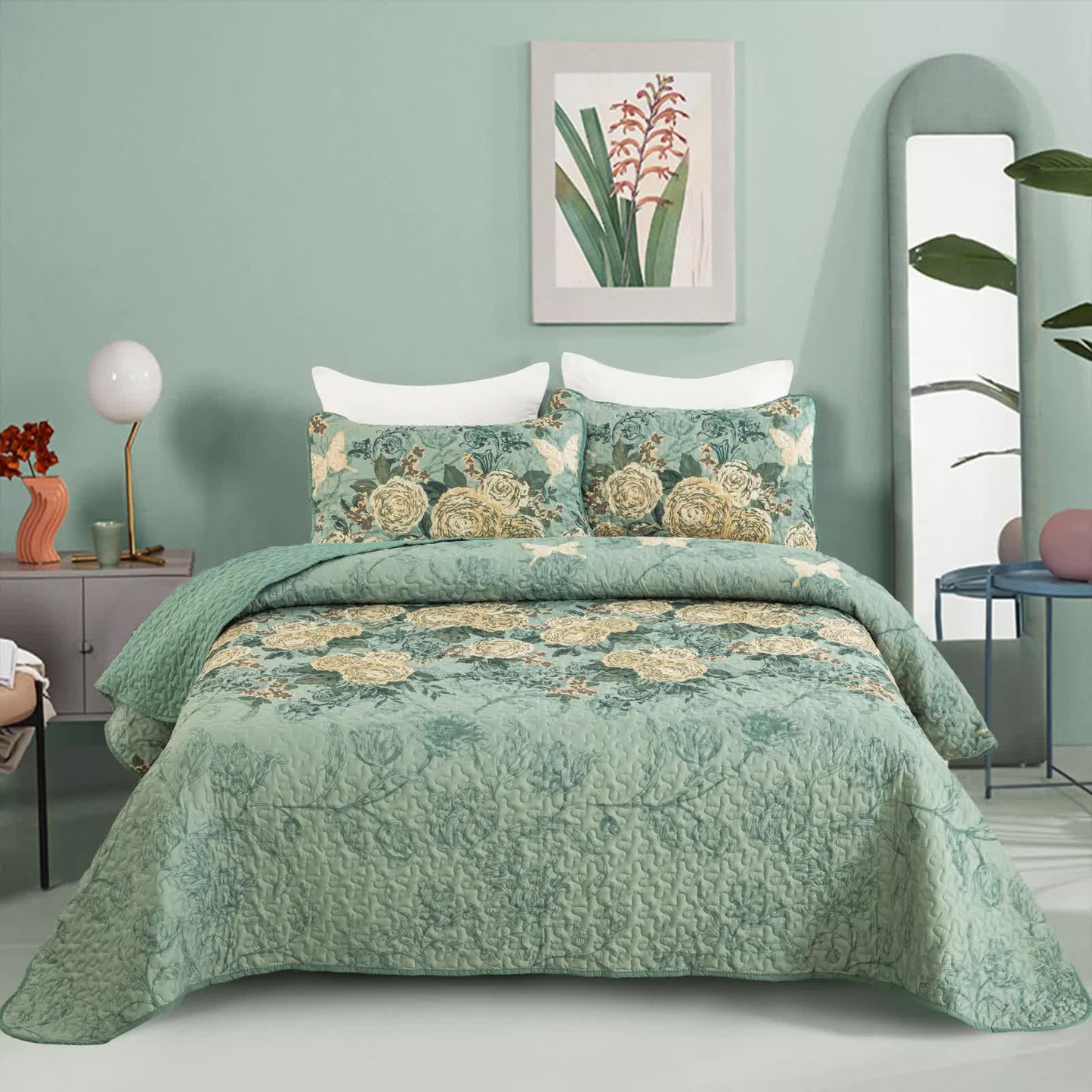 Meadow Butterfly Green Quilted Bedspread Set with Floral Details and Pillowcases V745-MAC080320Q13U