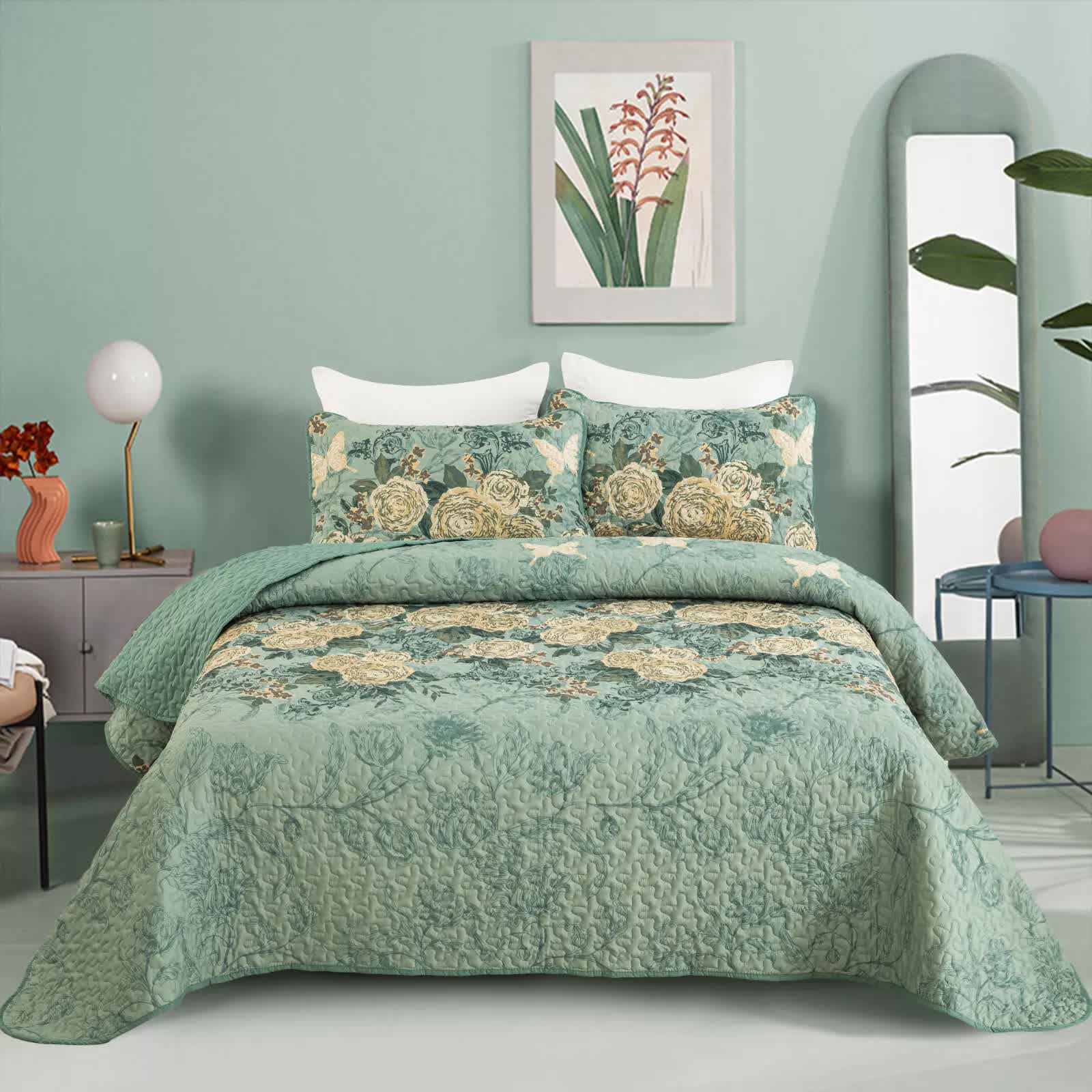 Meadow Butterfly Green Quilted Bedspread Set with Floral Details and Pillowcases V745-MAC080320Q13U