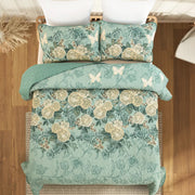 Meadow Butterfly Green Quilted Bedspread Set with Floral Details and Pillowcases V745-MAC080320Q13U