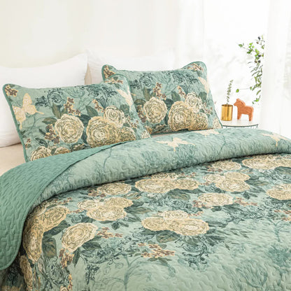 Meadow Butterfly Green Quilted Bedspread Set with Floral Details and Pillowcases V745-MAC080320Q13U