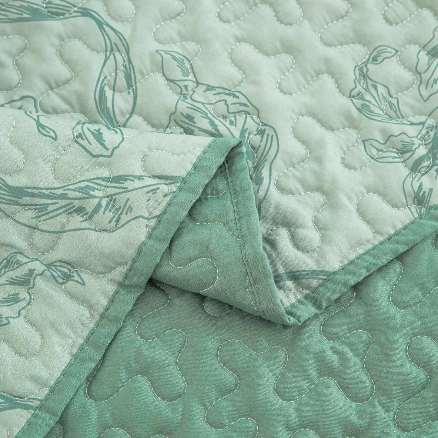 Meadow Butterfly Green Quilted Bedspread Set with Floral Details and Pillowcases V745-MAC080320Q13U