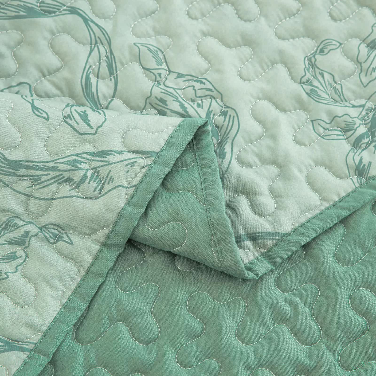 Meadow Butterfly Green Quilted Bedspread Set with Floral Details and Pillowcases V745-MAC080320Q13U