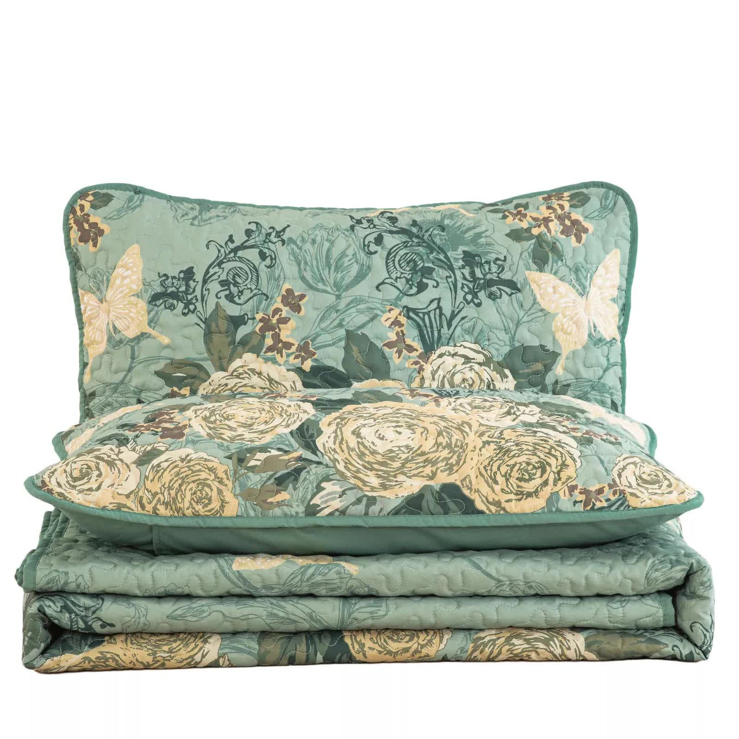 Meadow Butterfly Green Quilted Bedspread Set with Floral Details and Pillowcases V745-MAC080320Q13U