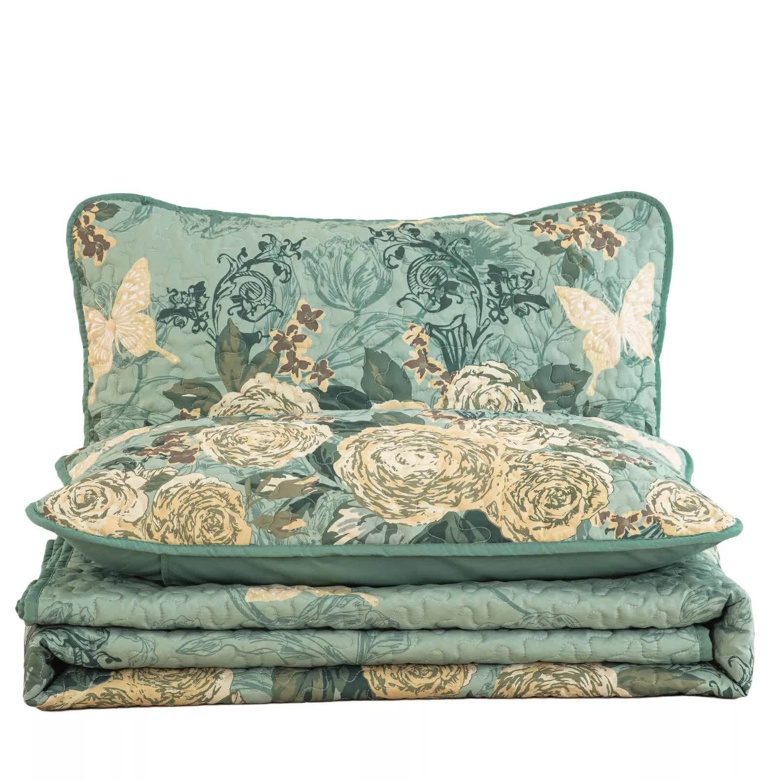 Meadow Butterfly Green Quilted Bedspread Set with Floral Details and Pillowcases V745-MAC080320Q13U