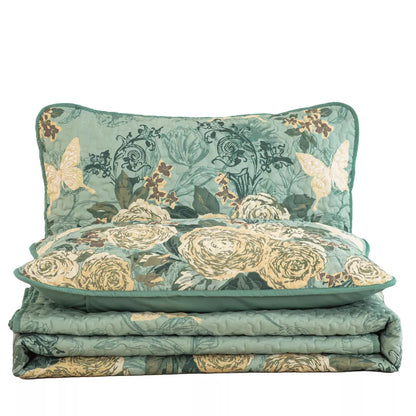 Meadow Butterfly Green Quilted Bedspread Set with Floral Details and Pillowcases V745-MAC080320Q13U