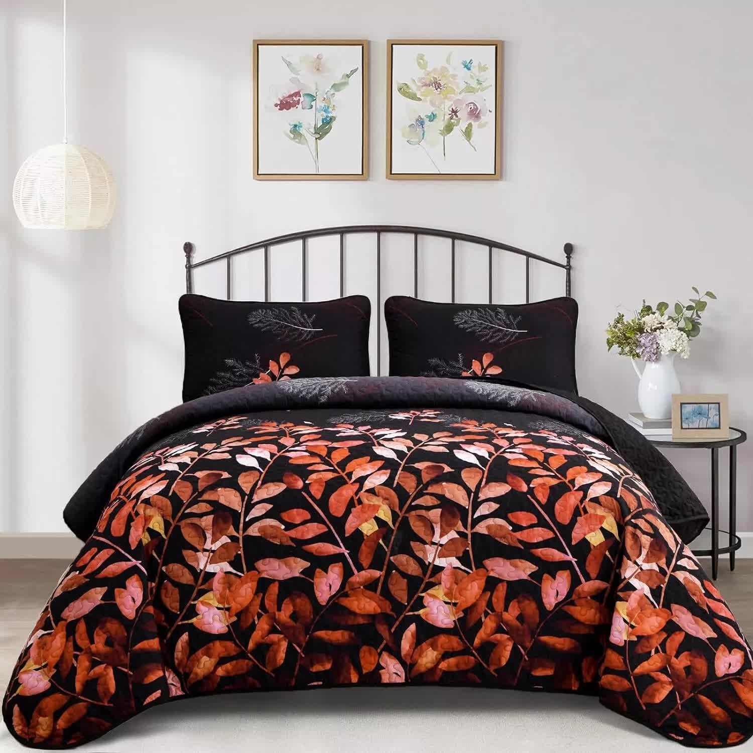 Black and Red Leaves Quilted Bedspread & Pillowcase Set V745-MAC080600Q13U