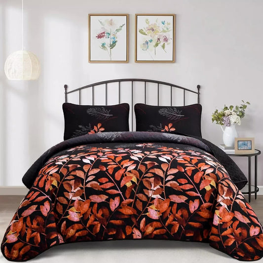 Black and Red Leaves Quilted Bedspread & Pillowcase Set V745-MAC080600Q13U