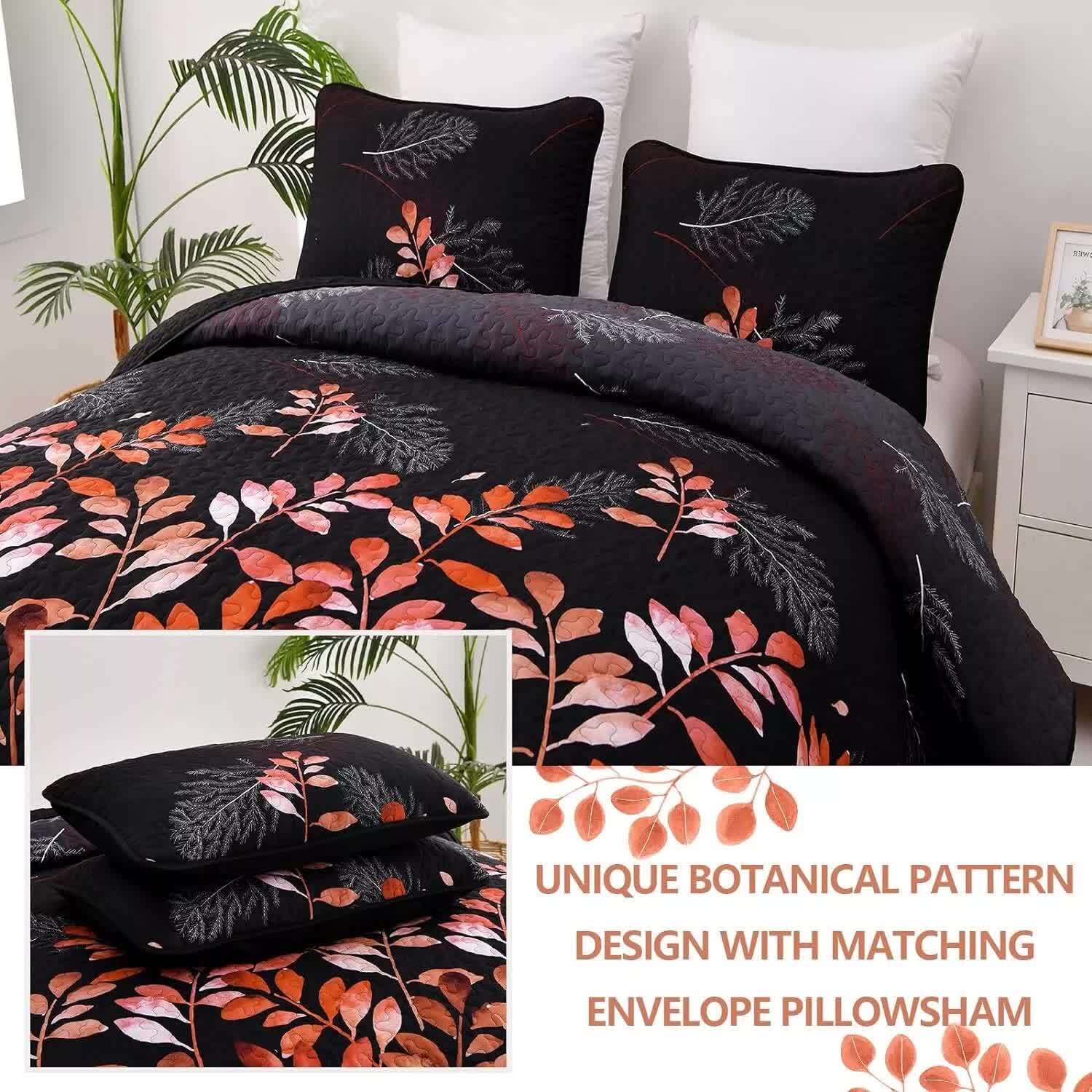 Black and Red Leaves Quilted Bedspread & Pillowcase Set V745-MAC080600Q13U