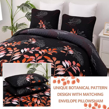 Black and Red Leaves Quilted Bedspread & Pillowcase Set V745-MAC080600Q13U