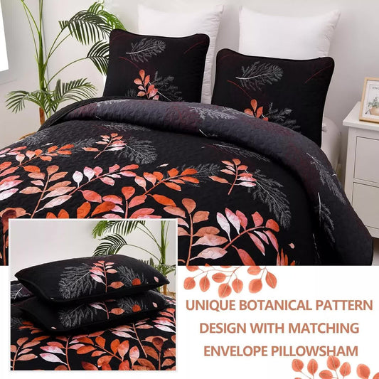 Black and Red Leaves Quilted Bedspread & Pillowcase Set V745-MAC080600Q13U