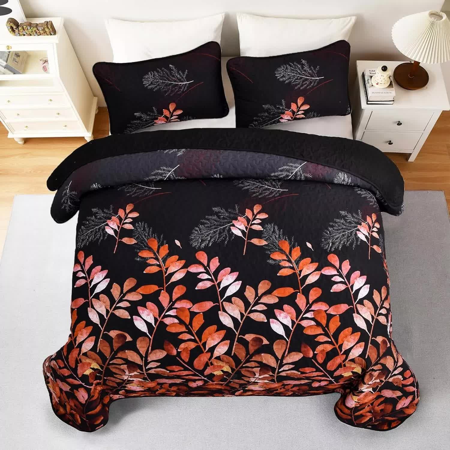 Black and Red Leaves Quilted Bedspread & Pillowcase Set V745-MAC080600Q13U