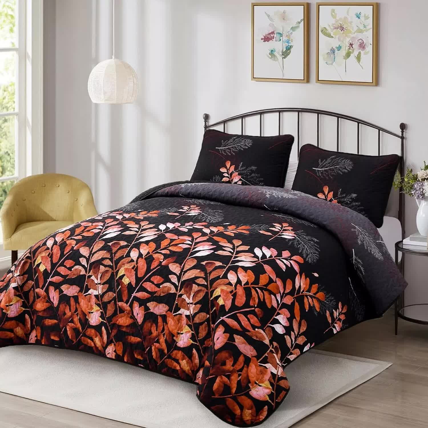 Black and Red Leaves Quilted Bedspread & Pillowcase Set V745-MAC080600Q13U