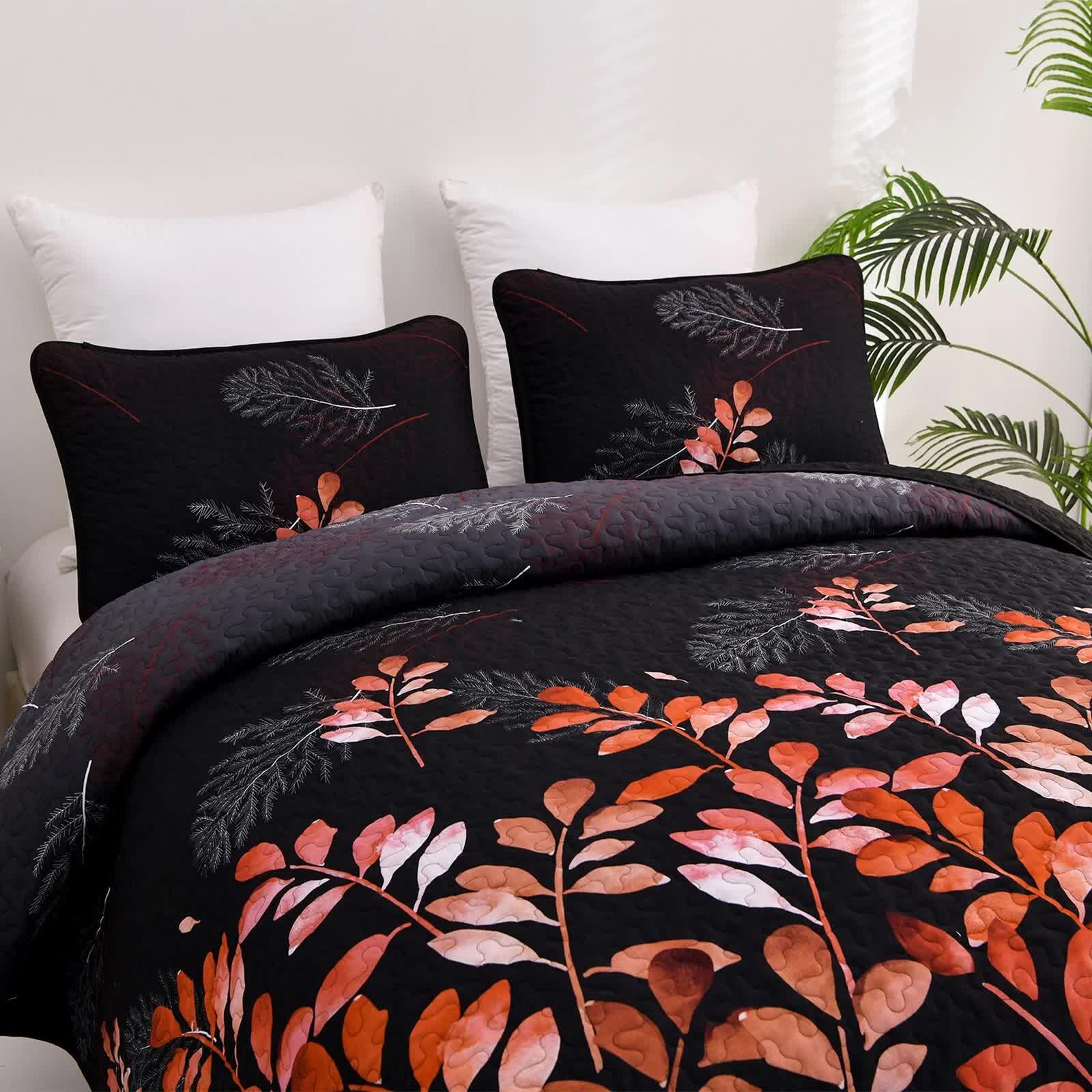 Black and Red Leaves Quilted Bedspread & Pillowcase Set V745-MAC080600Q13U