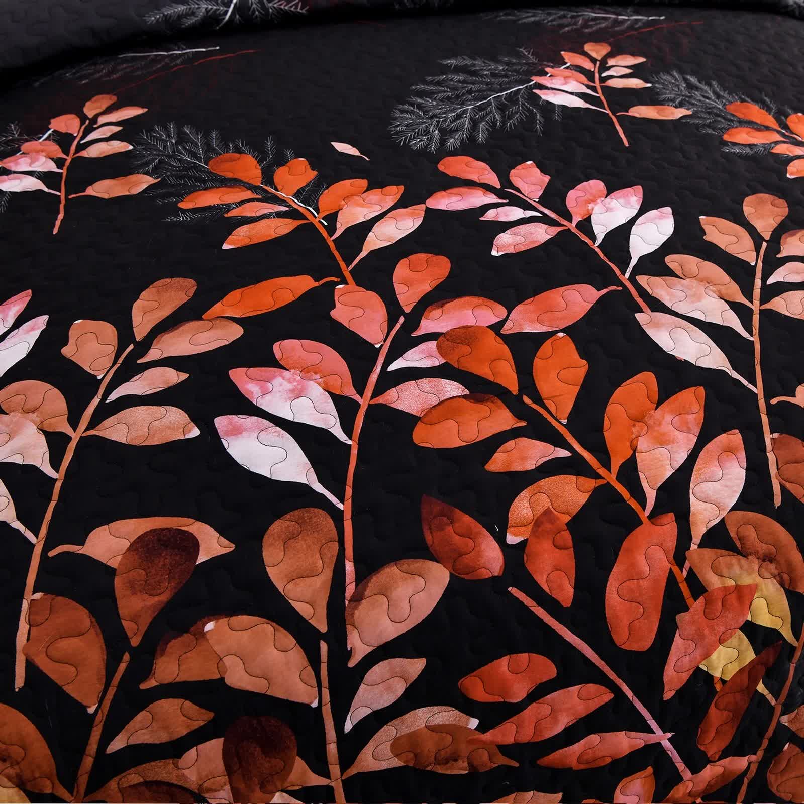 Black and Red Leaves Quilted Bedspread & Pillowcase Set V745-MAC080600Q13U