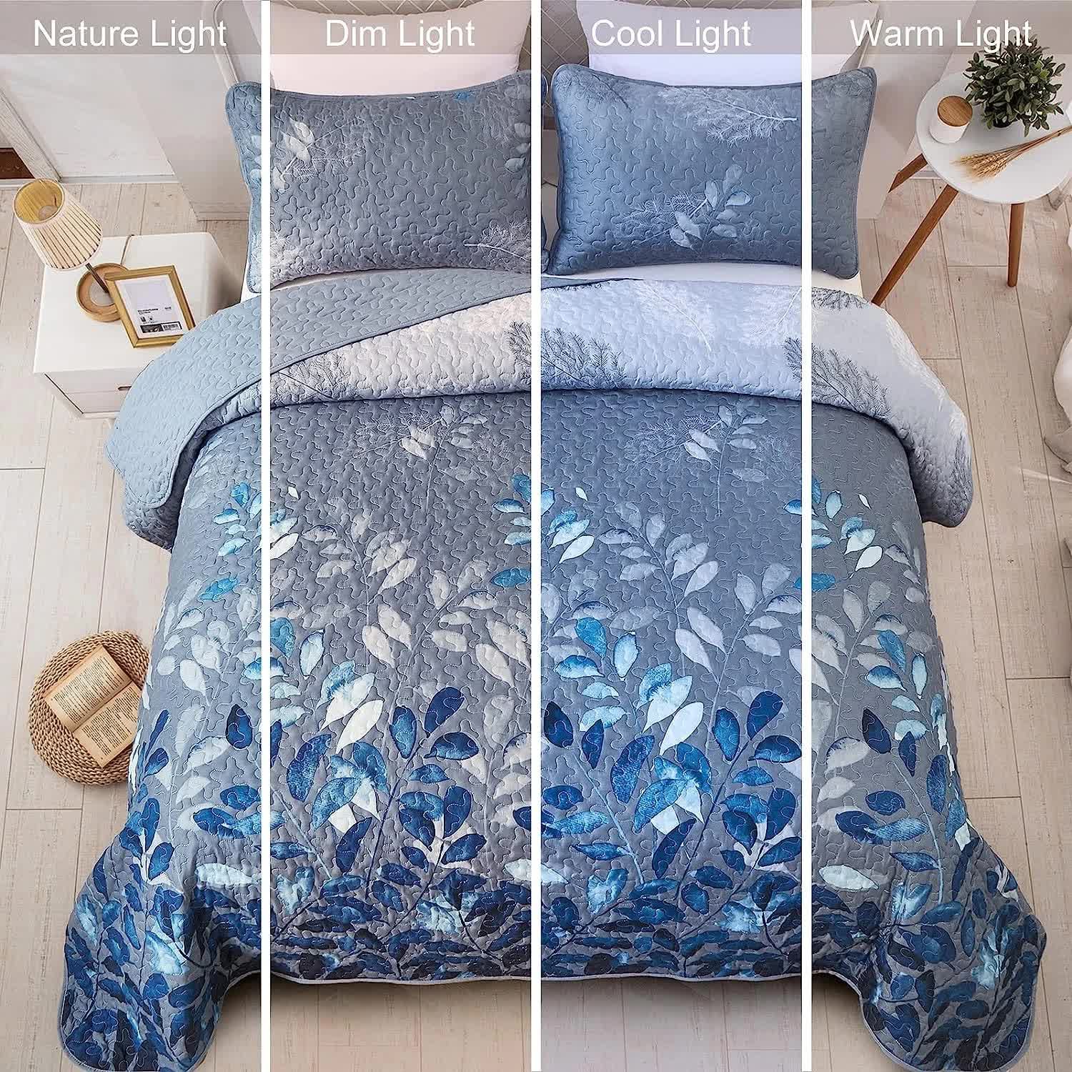 Blue Garden Coverlet Set with Quilted Floral Pattern and Pillowcases V745-MAC080601Q13U