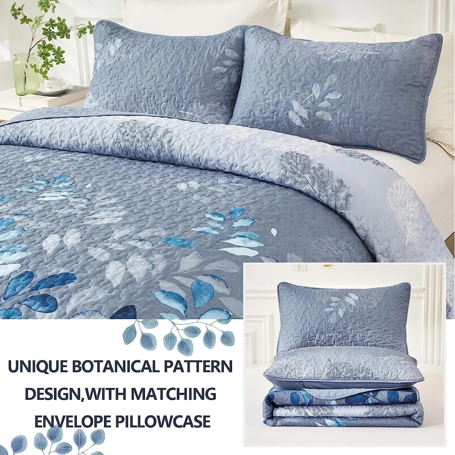 Blue Garden Coverlet Set with Quilted Floral Pattern and Pillowcases V745-MAC080601Q13U