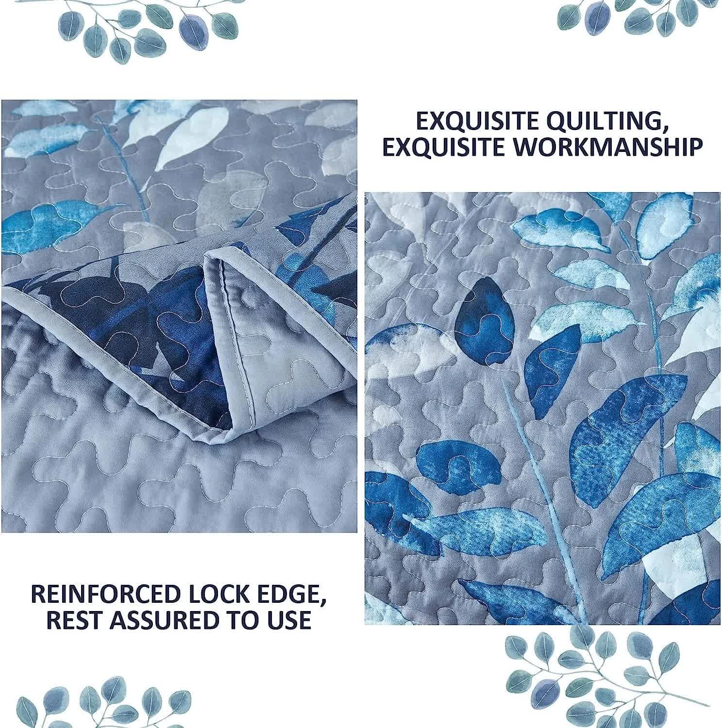 Blue Garden Coverlet Set with Quilted Floral Pattern and Pillowcases V745-MAC080601Q13U