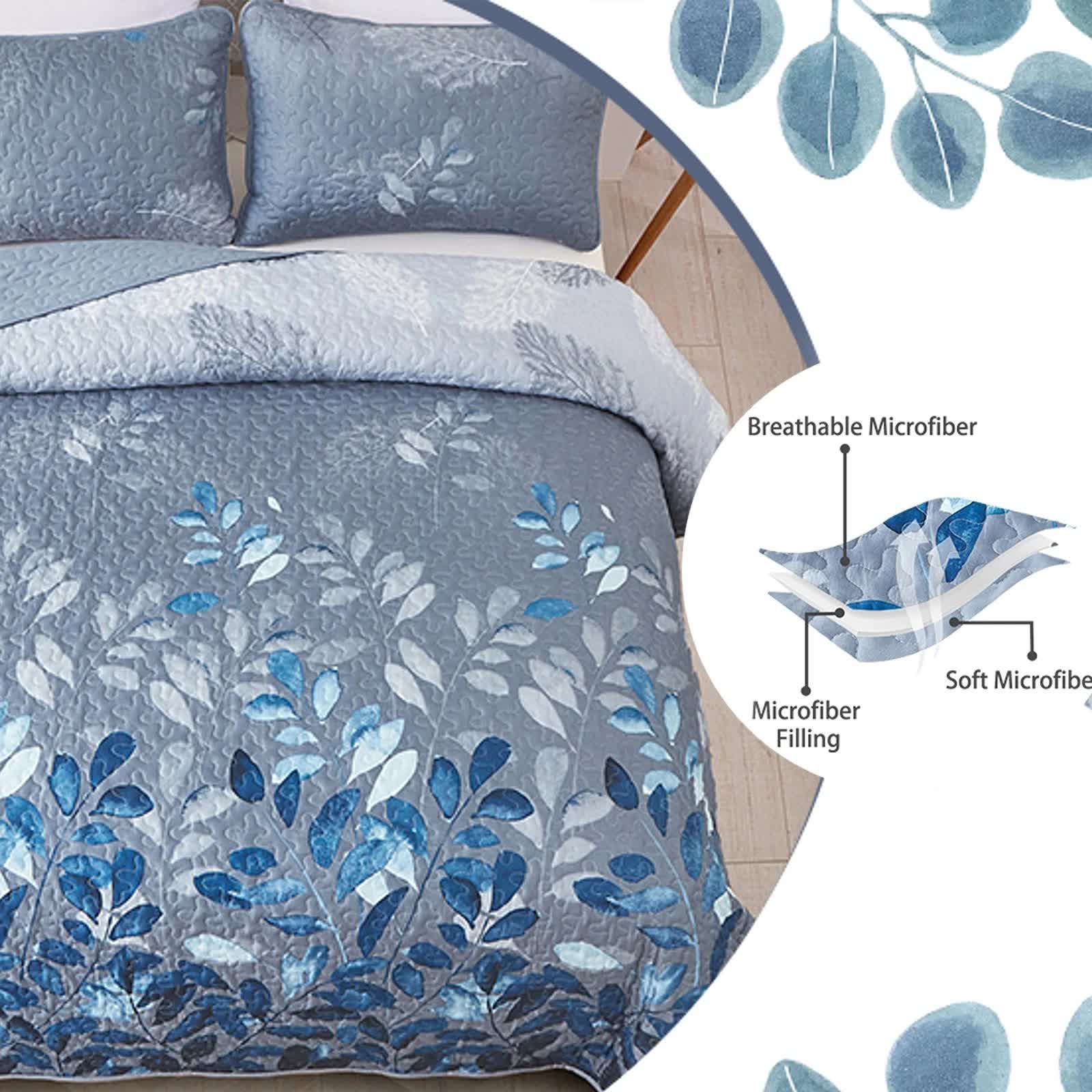 Blue Garden Coverlet Set with Quilted Floral Pattern and Pillowcases V745-MAC080601Q13U