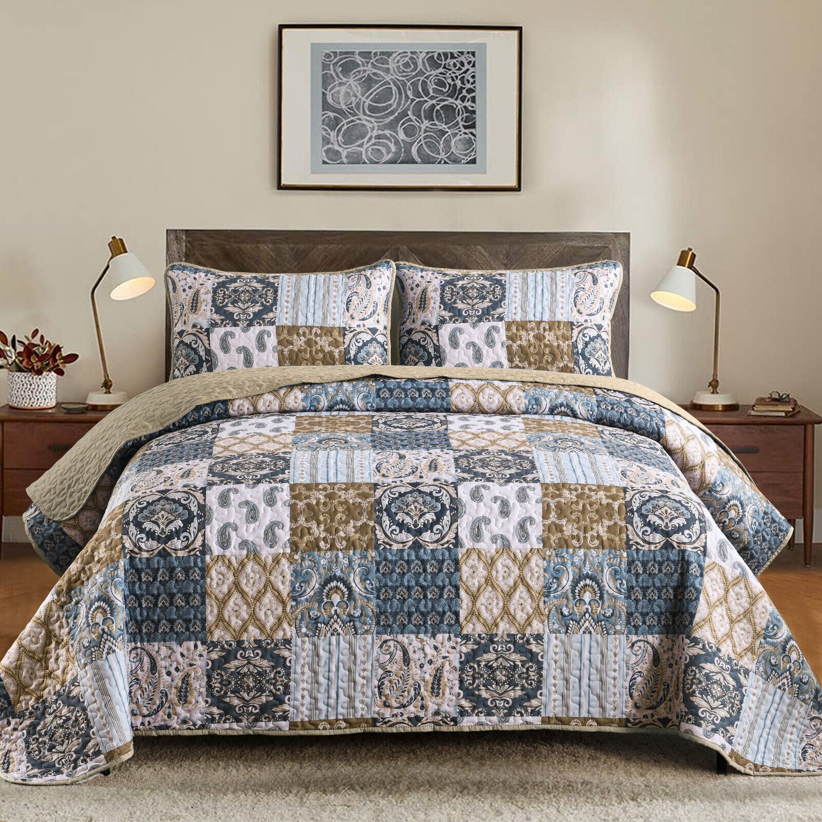 Retro Charm Queen Bedspread Set with Bold Checkered Design V745-MAC080631Q13U