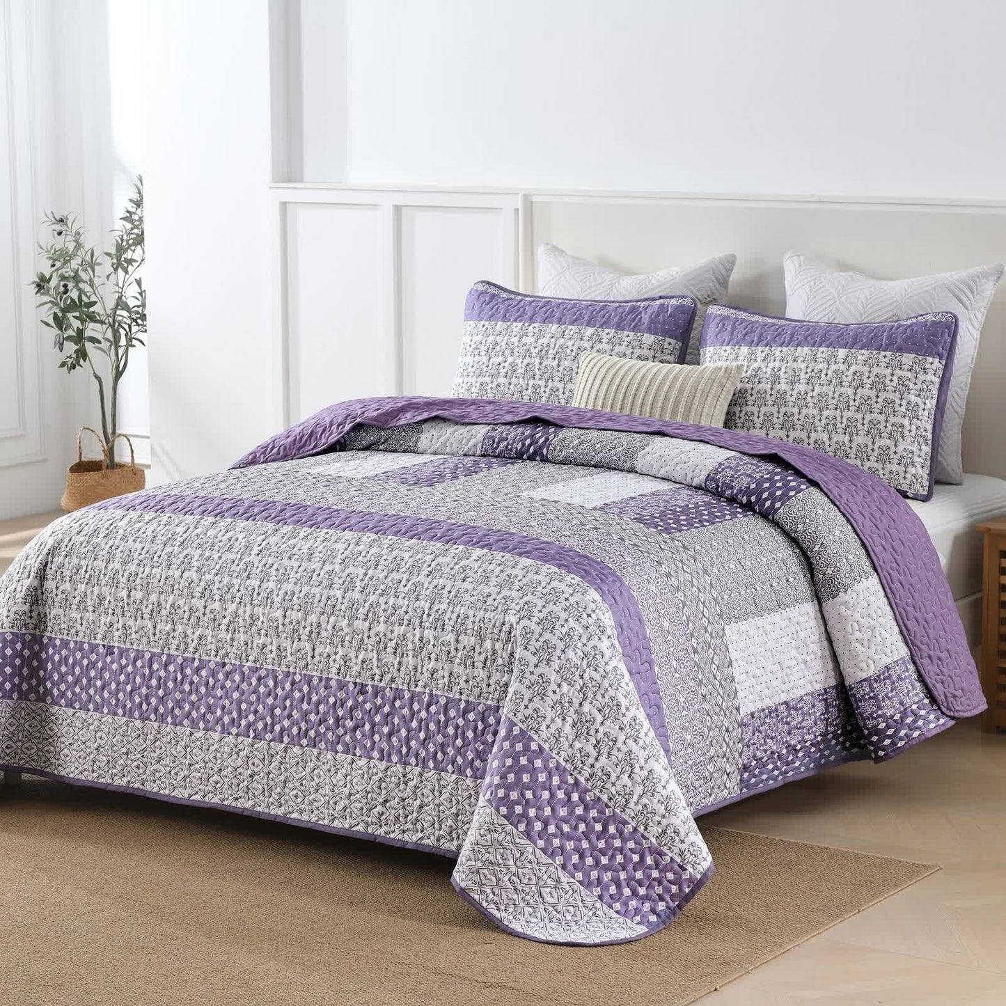 Bohemian Purple and White Quilted Bedspread or Coverlet Set and matching pillowcases V745-MAC080664Q13U