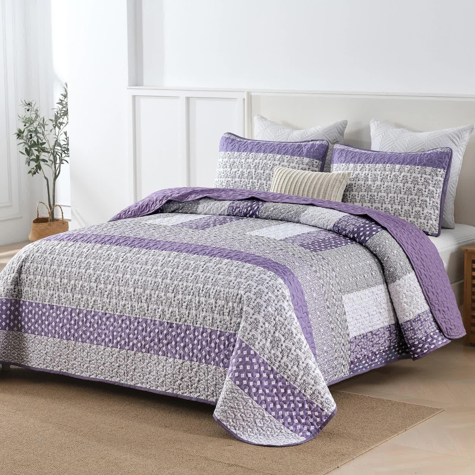 Bohemian Purple and White Quilted Bedspread or Coverlet Set and matching pillowcases V745-MAC080664Q13U