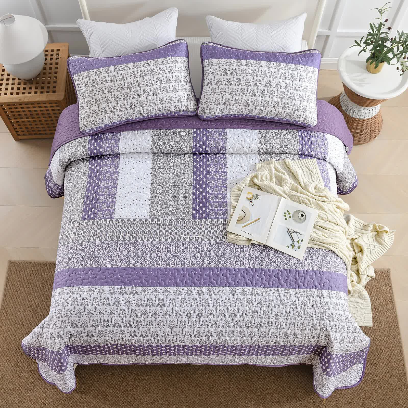Bohemian Purple and White Quilted Bedspread or Coverlet Set and matching pillowcases V745-MAC080664Q13U