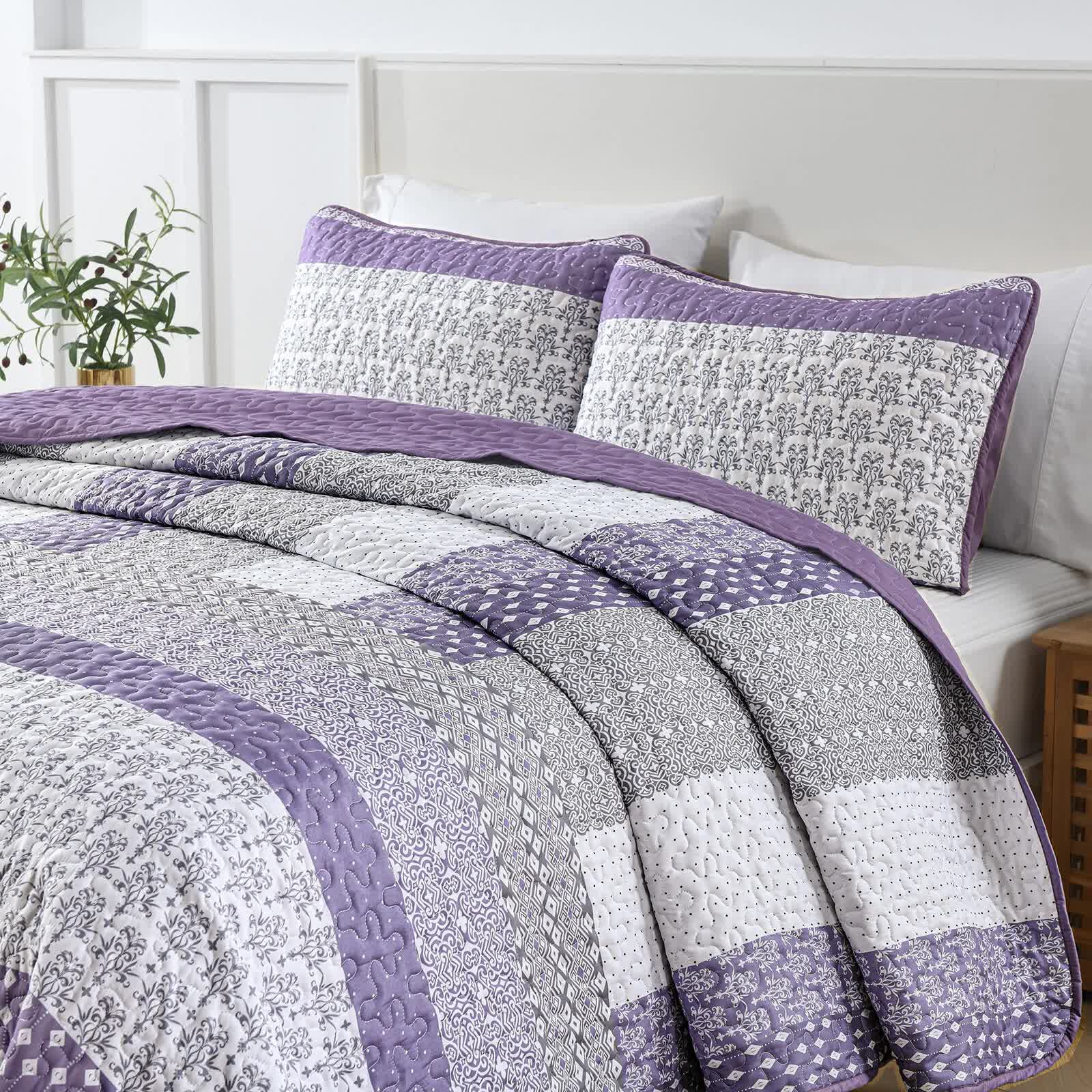 Bohemian Purple and White Quilted Bedspread or Coverlet Set and matching pillowcases V745-MAC080664Q13U
